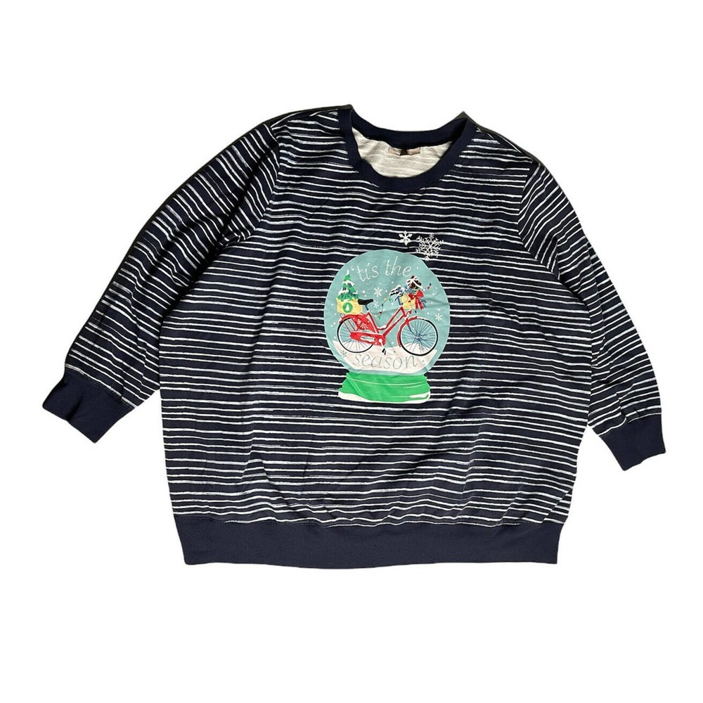 Woman Within Plus Size Blue Stripe Tis the Season Christmas Shirt Blue Stripe 4X